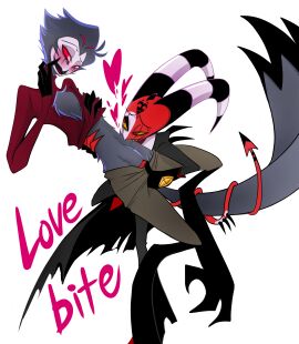 avian avian_feet bird bite biting blitzo_(helluva_boss) blush clothed clothing cute demon demon_horns demon_tail gay gay_male goetia heart helluva_boss horns imp lifting_shirt male navel open_mouth pants pants_pulled_down red_shirt scar scar_on_face seductive seductive_look stolas_(helluva_boss) stolitz vivienne_medrano