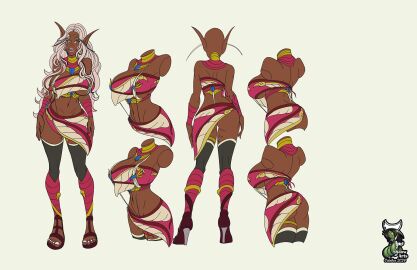 2024 african_female ass big_breasts breasts butt_cheeks character_sheet dark-skinned_female dark_elf dark_skin elf elf_ears elf_female elf_girl female high_heels long_hair model_sheet original original_character shaowarts skirt toma_ra_(shaowarts) tubetop white_background white_hair