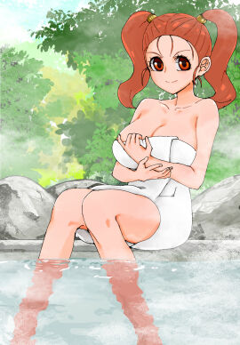 breasts cleavage dragon_quest dragon_quest_viii female highres jessica_albert looking_at_viewer onsen pesshio_(to_menero) solo towel twintails