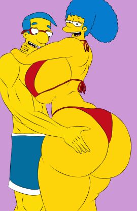 1boy 1girls ass blue_hair bra breasts cuckold female glasses grabbing_ass huge_breasts looking_at_viewer male marge_simpson milhouse_van_houten mkkstt8 semi_nude smaller_male the_simpsons yellow_body
