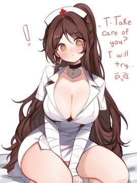 1girls big_breasts breasts brown_hair choker english_text exclamation_mark female female_focus female_only heart-shaped_pupils heart_choker hips indie_virtual_youtuber large_breasts long_hair long_sleeves looking_at_viewer nurse red_cross sky_(skyaboveme) skyaboveme text thick_thighs thighs very_long_hair virtual_youtuber white_background white_sleeves yellow_eyes