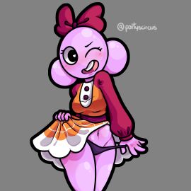 bow bubble dandy's_world double_bubble_poppy dress heart-shaped_pupils lifting_dress navel non-human partyscircus pink_skin poppy_(dandy's_world) pulling_down_panties wink winking_at_viewer