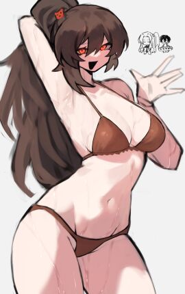 1girls armpits big_breasts bikini breasts brown_hair carmen_(lobotomy_corporation) female hair_ornament lobotomy_corporation long_hair looking_at_viewer one_arm_up open_mouth partially_clothed ponytail presenting project_moon red_eyes shigezie smile standing thick_thighs waving wet
