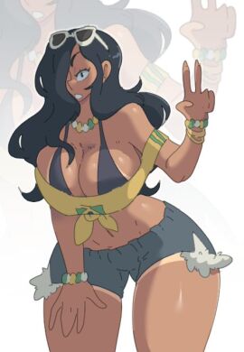 big_breasts big_hips bra brazilian_female brazilian_sadako breasts brown_body brown_skin female hair_over_one_eye leedraw11 peace_sign sunglasses sunglasses_on_head voluptuous voluptuous_female yamamura_sadako