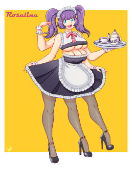 3_legs 4_arms 6_breasts accessworld blue_eyes boob_window breasts female maid multi_arm multi_breast multi_leg multi_limb pantyhose purple_hair thighhighs