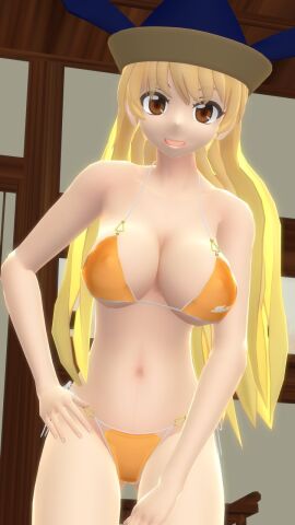 1girls 2023 3d belly_button below_view bending_forward bikini blonde-haired_female breasts brown_eyes cleavage deity female god hand_on_hip hat hati_yukkuri_mmd headwear indoors light-skinned_female light_skin long-haired_female looking_at_viewer mmd okina_matara open_mouth solo_female solo_focus swimsuit touhou waist yellow_bikini