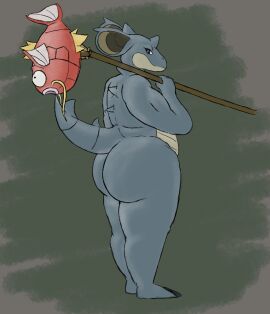 ambiguous_gender anthro ass biceps big_ass big_butt blue_body crispymutton death duo fish generation_1_pokemon huge_ass huge_butt hunting magikarp marine melee_weapon nidoqueen nintendo pokemon pokemon_(species) polearm shaded simple_background slightly_chubby solo_focus spear tail weapon