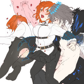 1boy black_pantyhose clothed_sex commentary_request cum cum_in_pussy dal-gi fate/grand_order fate_(series) female fujimaru_ritsuka_(female) grey_hair highres male multiple_views oberon_(fate) oberon_(fate_grand_order) oberon_(third_ascension)_(fate) oberon_vortigern_(fate_grand_order) orange_eyes orange_hair pantyhose penis pussy sex sex_from_behind shirt short_hair skirt straight tongue tongue_out torn_clothes torn_pantyhose vaginal_penetration white_background white_shirt