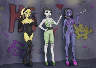 2016 2018 3girls 6teen alien alien_girl alley balosar bikini black_boots boots caitlin_cooke chiss cigarette cigarette_holder commission corset crossover ear_piercing elbow_gloves exhibitionism female female_only footwear full_body gloves graffiti happy headgear heels high_heel_boots high_heels hotgum jen_masterson latex latex_gloves leotard lineup long_gloves multiple_females multiple_girls nikki_wong original original_character original_characters outdoors piercing platform_heels prostitution pubic_hair purple_bikini see-through see-through_clothing shoes smile smoking standing star_wars teeth tentacle_hair thigh_boots transparent_clothing twi'lek uncensored