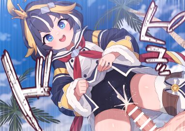 1boy :d ass_visible_through_thighs bar_censor black_hair blonde_hair blue_eyes blue_one-piece_swimsuit blue_sky blush bright_pupils buttons cameltoe censored clothes_lift cloud commentary_request covered_navel cowgirl_position crown cum day double-breasted dress dress_lift ejaculation erection female from_below fur-trimmed_sleeves fur_trim grinding hair_ornament highres lifting_own_clothes long_sleeves looking_at_viewer male mini_crown monster_musume_td multicolored_hair neckerchief one-piece_swimsuit open_mouth outdoors paid_reward_available palm_tree penis periri_(musume_td) pussy red_neckerchief robo_mikan sailor_collar sailor_dress school_swimsuit short_hair sky smile solo_focus straddling straight streaked_hair swimsuit swimsuit_under_clothes teeth thighhighs tree trembling twitching_penis upper_teeth variant_set veins veiny_penis white_hair white_sailor_collar wide_sleeves