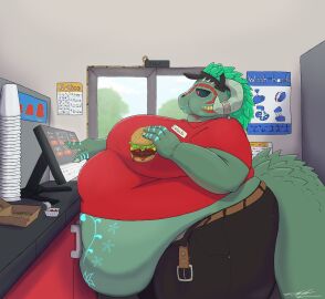 1girls anthro argonian ass bbw belly_overhang big_areola big_ass big_belly big_breasts big_butt big_nipples big_thighs breasts burger celeste_(celesteargy) chubby chubby_anthro chubby_female eating eating_burger eating_food fast_food fast_food_employee fast_food_uniform fat fat_ass fat_belly fat_breasts fat_butt fat_thighs female food gigantic_ass gigantic_belly gigantic_butt gigantic_thighs holding holding_burger holding_food holding_object huge_ass huge_belly huge_breasts huge_butt huge_nipples huge_thighs large_ass large_belly large_breasts large_butt large_thighs markings_on_belly massive_belly massive_thighs obese obese_anthro obese_female overweight overweight_anthro overweight_female ssbbw standing sv3n sweater tagme tagme_(artist) tail