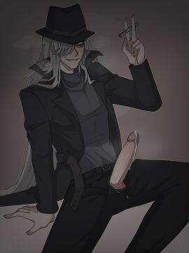 adult adult_male artist_request black_jacket black_outfit black_pants cigarette cigarette_smoke cum cum_on_penis dcmk detective_conan gin_(detective_conan) holding_cigarette long_hair male male_focus male_only old_male older_male one_eye_covered penis shounen_sunday silver_hair sitting smiling smiling_at_viewer smoke smoking solo solo_male tms_entertainment trenchcoat