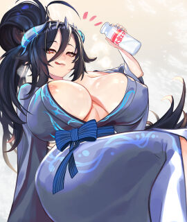 1girls areola areola_slip black_hair blue_nails breasts broken_horn female female_only hachirou_(crazy318) horns huge_breasts indie_virtual_youtuber inner_sideboob kimono licking_lips light-skinned_female light_skin milk nipple_bulge no_bra oumiya_emma solo tiara virtual_youtuber yukata