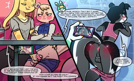 2024 animal_crossing anthro anus ass bathroom big_tail biped black_body blush blush_lines body_blush bottomwear bottomwear_down butt_blush cellphone chastity_cage chastity_device claws clothed clothing crossed_arms dialogue duo electronics english_text erection eyebrows femboy floppy_ears genitals glans grumpy handjob holding_cellphone holding_object holding_phone humanoid_genitalia humanoid_penis lagomorph leporid long_ears looking_at_another looking_back looking_back_at_another male male/male mammal marshal_(animal_crossing) mostly_offscreen_character nintendo open_mouth pants partially_clothed penile penis phone pink_body presenting presenting_hindquarters public public_exposure public_restroom rabbit rear_view rodent sasha_(animal_crossing) sciurid sex shirt shorts shorts_down sitting somik speech_bubble squirrel stealth_sex streaming tail teeth text toilet tongue topwear tree_squirrel two_panel_image yellow_body