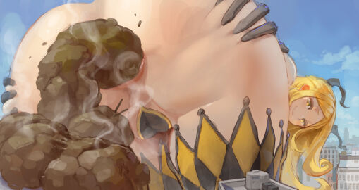 1girls anal anus ass big blonde_hair breasts clothing day defecating extreme_content feces female female_only giant giantess high_resolution horns hyper_feces hyper_scat kazo large_ass legwear limited_visibility long_hair looking_at_viewer looking_back original original_character poop purple_eyes scat size_difference smile solo thighhighs very_high_resolution