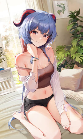 1girls absurd_res absurdres ankles bare_belly bare_calves bare_chest bare_hands bare_knees bare_legs bare_midriff bare_navel bare_shoulders bare_soles bare_thighs barefoot bed bed_sheet belly belly_button black_horn black_horns black_shorts blue-haired_female blue_eyebrows blue_hair blush blush_face blush_lines blushed_face blushing_at_viewer blushing_face blushing_female breasts brown-eyed_female brown_eyes brown_topwear calves camisole cleavage closed_mouth_smile collarbone curvy curvy_body curvy_female curvy_figure curvy_hips day daytime dot_nose exposed exposed_belly exposed_feet exposed_heels exposed_legs exposed_midriff exposed_shoulders exposed_thighs exposed_toes feet female female_focus female_only fingernails fingers full_body ganyu_(genshin_impact) genshin_impact hair_between_eyes head_tilt high_resolution highres horn horns hourglass_figure indoor indoors kawa683 knees lean_figure legs light-skined_female light-skinned_female light_skin long_hair looking_at_viewer medium_breasts narrow_waist navel open_clothes open_clothing open_shirt open_topwear pale-skinned_female pale_skin pillow plant red_horn red_horns shirt short_shorts shorts shoulders sitting sitting_on_ass sitting_on_floor sitting_on_ground sitting_slender_body slender_waist slim_female slim_waist smile smiley_face smiling_at_viewer smirk smooth_skin soles solo tank_top thick_thighs thighs thin_waist tilted_head toes topwear unbuttoned unbuttoned_shirt white_bed white_bed_sheet white_pillow white_shirt white_topwear wide_hips window