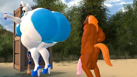 3d 3d_(artwork) animatronic anthro ass ass_focus balls big_balls big_breasts breasts female five_nights_at_freddy's fox furry high_heels horse horsecock huge_ass huge_breasts hyena hyper hyper_ass larger_female looking_at_ass male male/female on_beach robot size_difference smaller_male source_filmmaker tyranfox tyranfox_(artist)
