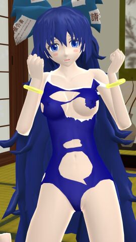 1girls 2023 3d arms_up belly_button bending_knees blue-haired_female blue_eyes blue_ribbon blue_swimsuit blush bracelets breasts deity female god hati_yukkuri_mmd hips indoors interior_background jpeg kneeling_female light-skinned_female light_skin long-haired_female looking_at_viewer mmd open_mouth ripped_swimsuit shion_yorigami solo_female solo_focus swimsuit touhou uncanny_valley waist