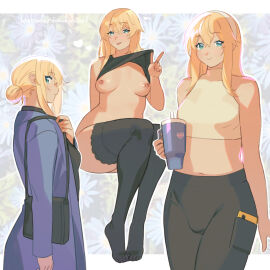 1girls aged_up bag black_pants blonde_hair bottomless breasts bridget bulge casual clothed clothes_lift clothing crop_top female fully_clothed futanari girly guilty_gear guilty_gear_strive hair_bun hairband handbag highres human intersex invisible_chair light_skin looking_at_viewer magical_ondine medium_breasts mostly_nude nipples pants roarke_(lavenderincubus) shirt_lift single_hair_bun sitting smile solo thighhighs tongue tongue_out trans_woman transfem