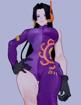 1girls bare_arms bare_legs bare_shoulders bare_thighs big_breasts black-haired_female black_hair blush boa_hancock breasts clothed clothing color female female_focus female_only hi_res large_breasts light-skinned_female light_skin long_hair looking_at_viewer one_piece purple_eyes shounen_jump siokosho_kinoko solo solo_female tagme thick_thighs