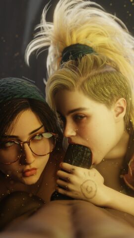 3d 3d_(artwork) 3d_background 3d_model 3d_render 8k alma_(monster_hunter_wilds) bbc big_black_cock black_penis blowjob blowjob_face capcom cock dick double_blowjob gemma_(monster_hunter_wilds) hi_res highres kazworksnsfw monster_hunter monster_hunter_wilds penis pout pouting pouty_lips pov pov_eye_contact pov_male saliva saliva_trail threesome