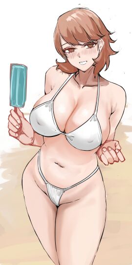 1girls atlus bikini breasts brown_hair female hi_res large_breasts looking_at_viewer nero_watch nipple_bulge persona persona_3 popsicle sega swimsuit white_bikini yukari_takeba