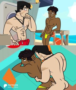 abs anal_sex beach beard black_hair comic dark_skin disventure_camp gay gay_domination gay_sex james_(disventure_camp) james_costa lifeguard male male_only muscles muscular scar scar_on_face speedo swimsuit tdda19 thomas_reed tom_(disventure_camp) whistle whistle_around_neck yaoi
