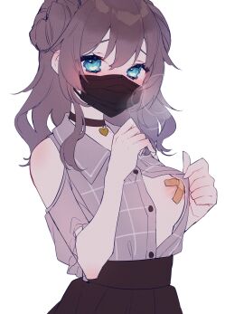 1girls absurdres arm_up bad_id bad_pixiv_id bandaid bandaids_on_nipples blue_eyes blush breasts brown_hair chiyomaru_(yumichiyo0606) choker clothing_cutout covered_nipples detached_sleeves female female_only flashing_breasts grey_shirt heart heart-shaped_pupils heart_choker high-waist_skirt highers hololive hololive_gen_1 hololive_japan looking_at_viewer mask mouth_mask natsuiro_matsuri nipples no_bra off_shoulder open_clothes open_shirt pasties shirt short_sleeves simple_background skirt small_breasts solo solo_focus standing symbol-shaped_pupils unbuttoned unbuttoned_shirt undressing virtual_youtuber white_background