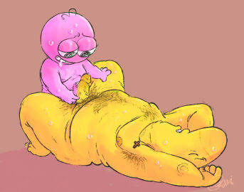 2boys body_hair charlie_(smiling_friends) comparing_penis cross_necklace dick_pals drooling fat_male frottage frotting gay gobblingoop hairy hairy_armpits hairy_male holding_penis legs_spread male male_only naked naked_male nose_scar overweight_male penis penis_size_difference pim_(smiling_friends) precum pubes scar size_difference smiling_friends sweat sweatdrop sweating toony yaoi