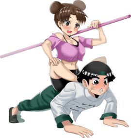 1boy 1girls bare_shoulders bike_shorts black_eyes black_footwear black_hair blush breasts brown_eyes brown_hair collarbone crop_top double_bun exercising female green_pants hair_bun headband holding long_sleeves looking_down male midriff naruto naruto_(series) naruto_shippuuden open_mouth pants purple_shirt push-ups push_ups rock_lee shirt shoes short_sleeves shorts simple_background sitting sitting_on_person smile sports_bra staff teasing tenten veins white_background white_shirt workout