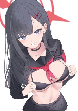 1girls absurdres bikini black_bikini black_choker black_hair black_shirt black_skirt blue_archive blue_eyes breasts choker cleavage clothes_lift collarbone female grin hair_ornament hairclip halo highres ichika_(blue_archive) long_hair medium_breasts miniskirt navel neckerchief pleated_skirt red_halo red_neckerchief sailor_collar shirt shirt_lift simple_background skirt smile solo stomach straight_hair swimsuit unusually_open_eyes very_long_hair white_background xueli_shimazaki