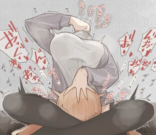 1girls arm_up autocunnilingus az84997592 black_thighhighs blonde_hair breasts cardigan commentary_request cunnilingus disembodied_head dullahan female female_masturbation grey_cardigan hand_on_own_head heart highres indian_style japanese_text large_breasts leg_lock leg_lock_cunnilingus long_hair masturbation open_cardigan open_clothes oral original shirt sitting solo thighhighs translation_request