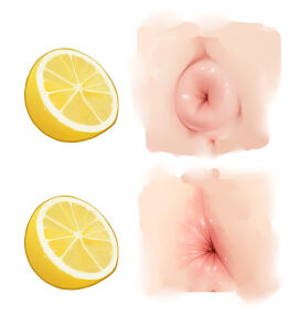 anus anus_focus detailed_anus female food fruit highres lemon lemon_slice meme merrytail original puckered_anus pussy pussy_peek simple_background thour_(meme) white_background wrinkly_anus