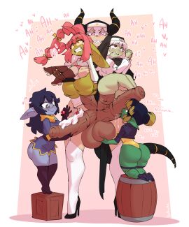 1futa 2023 4_penises 4girls absurd_res ambiguous_penetration animal_genitalia animal_genitalia_on_humanoid animal_penis ass balls black_hair blue_body blush bodily_fluids borvar braided_hair cherry clenched_teeth clothing cream_(food) digital_media_(artwork) drooling english_text equine_genitalia equine_penis fellatio female food fruit futa/female futa_on_female futanari genitals gnot_(loadingmush) goblin green_body group hair hi_res horn horsecock horsecock_on_humanoid humanoid humanoid_pointy_ears intersex intersex/female jackie_(durgentamar) legwear looking_at_penis looking_up mammal multi_genitalia multi_penis musical_note musical_symbol nixi_(athighhighguy) nun's_habit onyx_(draconicnun) onyx_(holy_dragon) oral original penetration penile penis pink_eyes pink_hair plant pointy_ears praying qoth_(diabeticcat) red_eyes saliva sex short_stack shortstack size_difference smile stockings symbol tail teeth tetraphallia text thigh_highs white_hair