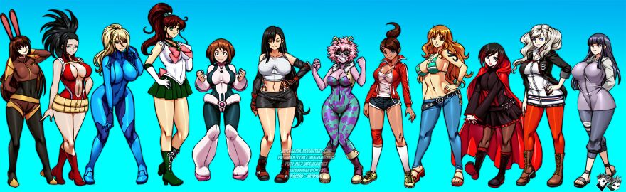 12girls 6+girls alluring alternate_version_available animal_ears ann_takamaki arm_tattoo asahina_aoi ashido_mina big_breasts bishoujo_senshi_sailor_moon black-haired_female black_hair blonde-haired_female blonde_hair blue_bodysuit bodysuit boku_no_hero_academia breasts brown-haired_female brown_hair bunny_ears clothing colored_skin crossover danganronpa danganronpa_(series) dark-skinned_female dark_skin eastern_and_western_character female female_human female_only final_fantasy final_fantasy_vii hero_outfit_(mha) huge_breasts human hyuuga_hinata jadenkaiba large_breasts light-skinned_female light_skin long_hair looking_at_viewer makoto_kino medium_breasts megami_tensei metroid mina_ashido momo_yaoyorozu multiple_females multiple_girls my_hero_academia nami_(one_piece) naruto naruto_(series) naruto_shippuden naruto_shippuuden nintendo ochako_uraraka ochako_uraraka_(hero_outfit) one_piece orange-haired_female orange_hair persona persona_5 pink-haired_female pink_hair pink_skin ponytail rabbit_ears ruby_rose rwby sailor_jupiter samus_aran smile superhero_costume superheroine tifa_lockhart twintails uraraka_ochako velvet_scarlatina yaoyorozu_momo zero_suit_samus