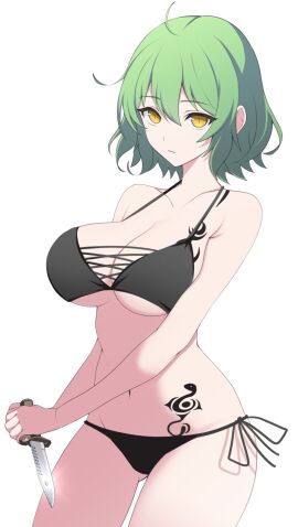 ahoge antenna_hair bare_arms bare_belly bare_chest bare_hands bare_hips bare_legs bare_midriff bare_navel bare_shoulders bare_skin bare_thighs bikini bikini_bottom bikini_only bikini_top black_bikini black_bikini_bottom black_bikini_only black_bikini_top black_string_bikini black_swimsuit black_swimwear breasts busty busty_female closed_mouth cowboy_shot curvaceous curvaceous_body curvaceous_female curvaceous_figure curvaceous_hips curvy curvy_body curvy_female curvy_figure curvy_hips exposed_arms exposed_belly exposed_chest exposed_hips exposed_legs exposed_midriff exposed_navel exposed_shoulders exposed_skin exposed_thighs female green-haired_female green_hair half_naked half_nude halterneck hikage_(senran_kagura) holding holding_knife knife large_breasts light-skined_female light-skinned_female light_skin looking_at_viewer medium_hair naked naked_female nude nude_female nudity pale-skinned_female pale_skin semi_nude senran_kagura serrated_knife short_hair side-tie_bikini side-tie_bikini_bottom simple_background slit_pupils smooth_skin snake_tattoo solo string_bikini surippa1010 swimsuit swimwear tattoo thigh_gap weapon white_background yellow-eyed_female yellow_eyes