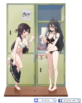 2girls ahoge aqua_bra bare_arms bare_belly bare_legs bare_shoulders bare_thighs barefoot belly_button big_breasts bikini black_bikini black_eyes black_hair blush breasts brown_eyes brown_hair bygin changing_room choker cleavage closed_mouth collarbone feet female kimishima_ayano long_hair medium_breasts open_mouth smile standing suou_yuki thighs toes tokidoki_bosotto_russian_de_dereru_tonari_no_alya-san undressing unworn_skirt