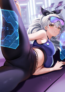 ass bangs bare_shoulders blurry blurry_background blush breasts cowboy_shot eyebrows_visible_through_hair eyewear_on_head female grey_hair hair_between_eyes hair_ornament hair_ribbon honkai:_star_rail large_breasts light_particles long_hair looking_at_viewer midriff multicolored_hair nail_polish open_mouth pants ponytail ribbon sidelocks silver_hair silver_wolf_(honkai:_star_rail) solo sports_bra squchan streaked_hair sunglasses thighs very_long_hair yellow_eyes