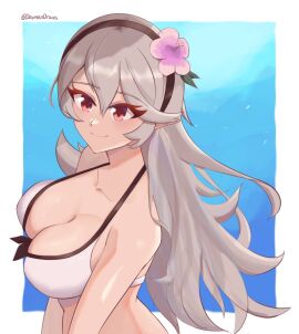 1girls bikini blush breasts cleavage corrin_(fire_emblem) corrin_(fire_emblem)_(female) daymandraws female fire_emblem fire_emblem_fates fire_emblem_heroes grey_hair hair_between_eyes hair_ornament hairband highres large_breasts long_hair nintendo official_alternate_costume pointy_ears red_eyes solo solo_female solo_focus swimsuit white_bikini