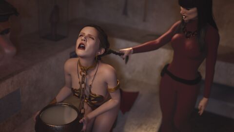 2girls 3d 3d_(artwork) 3d_background 3d_model 3d_render alexbridger black_hair bodysuit braided_hair breasts brown_hair catsuit chain_leash chained chains closed_eyes collar cum_bowl female femsub hair_pull kneeling loincloth long_hair medium_breasts melina_carniss metal_collar princess_leia_organa revealing_clothes skin_tight_suit slave slave_bikini slave_collar slave_girl slave_leia slave_outfit star_wars
