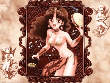 1girls bare_arms bare_legs bare_midriff bare_shoulders bare_thighs belly_button belly_dancer belly_dancer_outfit bikini bikini_top blue_gem blue_gemstone blush bracelet breasts brown_eyes brown_hair cleavage coins collar cream_bikini cream_bikini_top curly_hair dancer dancer_class dancer_girl dancer_outfit earrings female female_only gem gemstone gold_earrings gold_tiara golden_earrings golden_tiara harem harem_girl harem_jewelry harem_outfit inner_sideboob jewelry light-skinned_female light_skin loincloth long_hair metal_bracelet metal_collar midriff money money_bag navel olive_(princess_maker) orange_loincloth overboob picture picture_frame princess princess_maker_(series) princess_maker_2 red_loincloth slave slave_bikini slave_collar slave_girl slave_outfit tambourine thick_thighs tiara white_bikini white_bikini_top