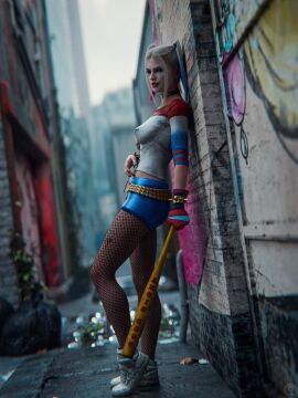 1girls 3d alley alleyway alternate_version_available baseball_bat bat batman_(series) chest_tattoo choker city city_background covered_nipples dc dc_comics detailed_background dirty_shirt dyed_hair female female_only fingerless_gloves fishnet_pantyhose fishnets glove graffiti graffiti_on_wall greengiant3d hand_on_belly harley_quinn heavy_makeup holding_bat holding_object holding_weapon leaning_against_wall lipstick long_hair long_sleeve_shirt messy_lipstick minishorts mismatched_eyebrows multicolored_eyeshadow multicolored_hair multicolored_shirt nail_polish nipple_bulge nude_version_available outdoors painted_nails puffy_nipples realistic_textures red_lipstick shirt shorts smiling sneakers solo spiked_bracelet standing suicide_squad suicide_squad_(2016) thigh_tattoo tied_hair twintails white_sneakers