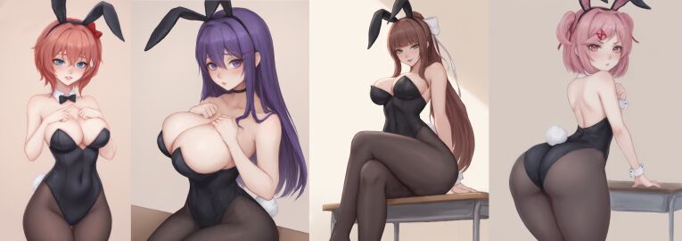 4girls :o animal_ears animal_tail ass bangs bare_arms bare_shoulders black_bow black_bowtie black_legwear black_leotard black_neckwear black_pantyhose blue_eyes blush bow bowtie breast_suppress breasts brown_hair brown_legwear bunny_ears bunny_girl bunny_tail bunnysuit choker cleavage clothing corvus_g covered_navel crossed_legs desk detached_collar doki_doki_literature_club embarrassed fake_animal_ears fake_tail female female_only green_eyes hair_between_eyes hair_intakes hair_ornament hair_ribbon hairband hairbow hairclip hand_on_chest hand_on_own_chest hands_on_own_chest headwear high_resolution highleg highleg_leotard huge_breasts large_breasts large_filesize legwear leotard long_hair looking_at_viewer looking_back monika_(doki_doki_literature_club) multiple_females multiple_girls natsuki_(doki_doki_literature_club) navel neckwear open_mouth pantyhose parted_lips pink_eyes pink_hair playboy_bunny ponytail purple_eyes purple_hair red_bow red_ribbon ribbon sayori_(doki_doki_literature_club) school_desk short_hair sidelocks sitting smile strapless strapless_leotard table tail thighband_pantyhose thighs tied_hair two_side_up very_high_resolution very_long_hair white_ribbon wrist_cuffs yuri_(doki_doki_literature_club)