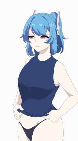 animated belly big_breasts big_thighs blue_hair blue_panties blue_pants blue_t-shirt breasts breasts_out cyber_girl cyber_hag embarrassed embarrassed_female female female_only hag headgear indie_virtual_youtuber light-skinned_female light_skin looking_at_viewer nipples panties pink_eyes pink_violets_(artist) ponytail sain_cisco_(vtuber) t-shirt t-shirt_lift t-shirt_up thighs tummy virtual_youtuber vtuberfanart vtubers white_background