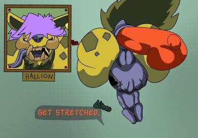 anal anal_sex anthro bondage casual_exposure crocodilian dialogue duo exhibitionism filthivore friends_with_benefits futanari hallion_the_hyaenodon hi_res hyaenodon hyaenodontid intersex intersex/male intersex_on_bottom intersex_penetrated kaprosuchus kieron_the_kaprosuchus male mammal on_bottom overweight penetration prehistoric_species public reptile scalie speech_bubble stuck through_wall