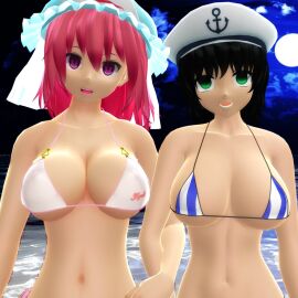 2025 2girls 3d big_breasts bikini black-haired_female breasts clavicle cleavage clouds duo_female female ghost_girl green-eyed_female hat hati_yukkuri_mmd headwear holding_each_other jpeg light-skinned_female looking_at_viewer minamitsu_murasa mmd mob_cap moon navel night open_mouth pink-eyed_female pink-haired_female sailor_hat short_hair sky striped_bikini swimsuit touhou waist water white_bikini yuyuko_saigyouji
