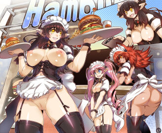 3girls absurdres animal_ears apron ass black_thighhighs blue_eyes bow bowtie breasts brown_hair burger cat_ears cat_girl censored commentary_request commission corset elf female food french_fries frilled_apron frills from_behind from_below garter_straps highres hisahiko holding holding_tray large_breasts long_hair maid_headdress medium_hair menu mosaic_censoring multiple_females multiple_girls nipples no_panties oerba_yun_fang open_mouth orange_eyes original outdoors pink_hair pixiv_commission pointy_ears projected_inset pussy red_hair restaurant scar scar_on_arm scar_on_breasts scar_on_face scar_on_leg scar_on_nose short_sleeves sign signature skin_fang smile soda storefront thighhighs tray twintails waist_apron waitress white_apron wrist_cuffs yellow_eyes