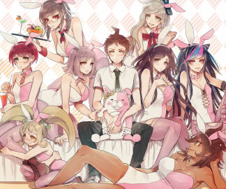 1boy 6+girls :d animal_ears bare_legs black_hair blonde_hair blush boots bow braid breasts brown_hair cleavage cone_hair_bun danganronpa danganronpa_2:_goodbye_despair dark-skinned_female dark_skin detached_collar diaper drinking_straw ear_bow female food freckles fruit glass glasses green_eyes grey_hair hair_horns hairbow harem hinata_hajime holding inseki_tarou koizumi_mahiru large_breasts leotard long_hair looking_at_viewer lying male medium_breasts medium_hair mioda_ibuki monomi_(danganronpa) multicolored_hair multiple_females multiple_girls nanami_chiaki on_side open_mouth orange_(fruit) orange_slice owari_akane pantyhose pekoyama_peko pink_pantyhose pink_thighhighs playboy_bunny rabbit_ears red_hair saionji_hiyoko shirt short_hair sitting smile sonia_nevermind straight strapless strapless_leotard stuffed_animal stuffed_rabbit stuffed_toy sweat sweatdrop tears thighhighs torn_clothes torn_pantyhose torn_thighhighs tray tsumiki_mikan twin_braids twintails white_background white_shirt yellow_eyes