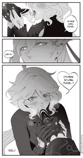 1boy 1girls absurd_res ahoge black_and_white blush bonesofbeskar cane clothed comic comic_page dialogue drop-shaped_pupils english english_text female first_person_view furina_(genshin_impact) genshin_impact gloves heterochromia highres horny_female long_hair looking_at_partner looking_at_viewer looking_down looking_down_at_partner looking_up male neuvillette_(genshin_impact) object_in_mouth pointy_ears seductive_look speech_bubble sucking tongue tongue_out white_hair