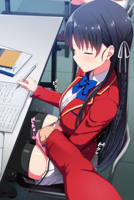 1boy advanced_nurturing_high_school_uniform black_hair black_thighhighs blazer blue_bow book bow braid classroom classroom_of_the_elite closed_mouth collared_shirt commentary_request daiaru dress_shirt female fingering hair_ribbon hand_in_another's_panties hand_in_panties highres holding holding_pen horikita_suzune jacket long_hair male open_book panties pen pink_panties pleated_skirt pov public public_indecency red_jacket ribbon school_uniform shirt single_braid sitting skirt solo_focus stealth_fingering thighhighs trembling underwear white_ribbon white_shirt white_skirt youkoso_jitsuryoku_shijou_shugi_no_kyoushitsu_e